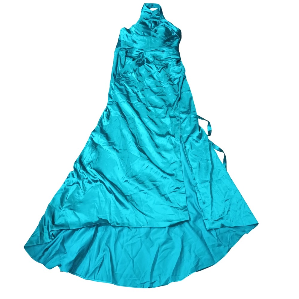Ryanth Gown Women L Emerald Green New Satin Halter Pleated Formal Train Dress